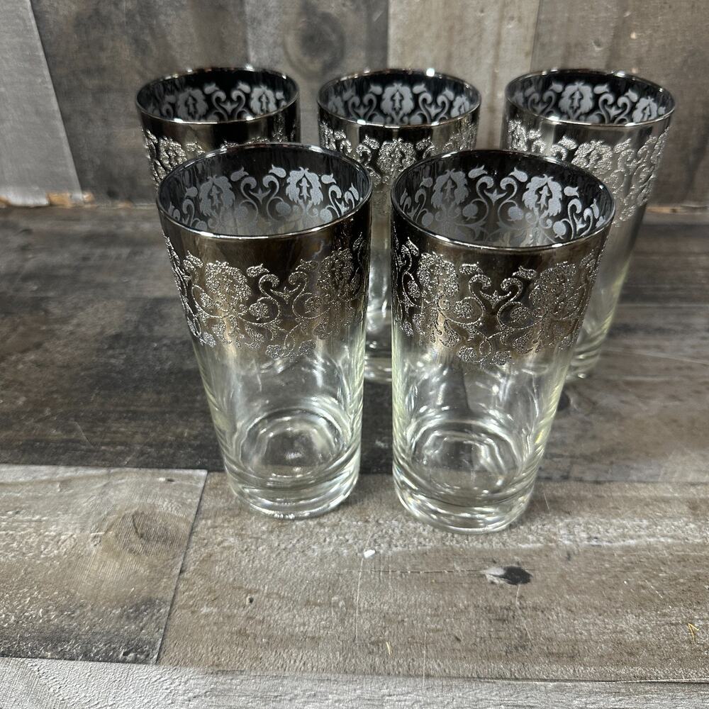 Set of 5 MCM Vitreon Queen's Lusterware Silver Fade Ombre Glasses